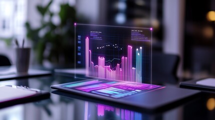 Augmented reality hologram of business growth charts and predictive analytics floating above a glass conference table.