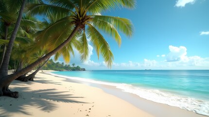 Obraz premium Tropical sandy ocean beach with palm trees, vintage