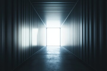 Void container with light beams in a dark square room and white backdrop Abstract perspective setting