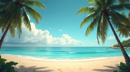 Tropical sandy ocean beach with palm trees, vintage