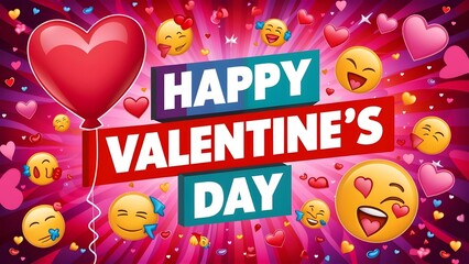 Happy Valentine's Day card with bright colors emojis and hearts perfect for cheerful love celebrations and modern romantic themes
