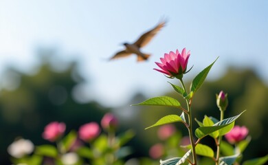 A vibrant image of pink flowers blooming in a field, with a bird soaring through a clear blue sky, symbolizing freedom, growth, and hope.