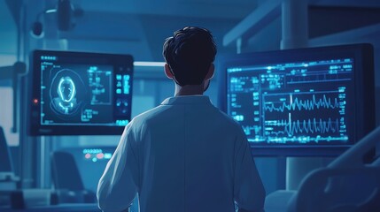 Doctor looking at vital signs monitor, modern healthcare technology, digital medical solutions, back view animation Triadic Color Scheme