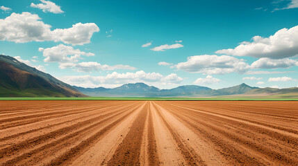 Vast Agricultural Field Under Blue Sky with Scenic Mountains View