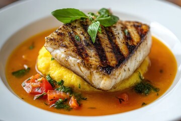 White plate with fish stew and grilled polenta