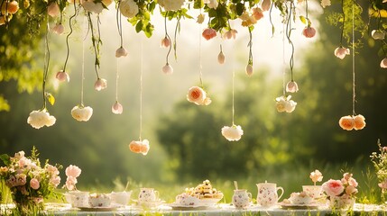 Elegant outdoor tea party scene with hanging roses.