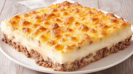 A portion of moussaka layered with eggplant and minced meat