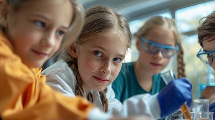 Fototapeta premium A focused young girl with freckles, wearing a lab coat and blue gloves, conducts an experiment alongside her classmates in a bright laboratory setting.