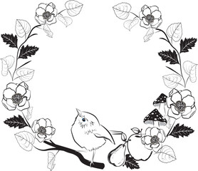 bird and flowers in circular frame