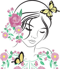 woman with flowers and butterflies