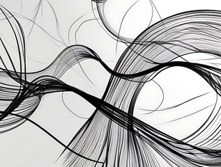 Curved black lines forming fluid motion on a white background, embodying minimalism, modern aesthetics, and abstract creativity in an artistic framework.

