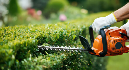 A close-up of a gardener using an orange hedge trimmer to shape a vibrant green hedge