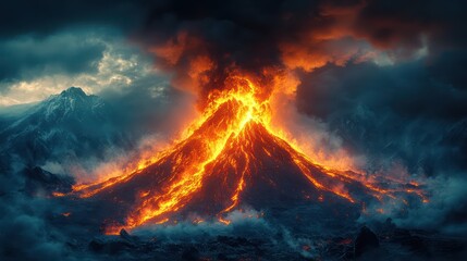 Naklejka premium Fiery Volcanic Eruption: A Dramatic Display of Nature's Power