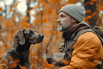 Man and Dog with Hunting Gear, Searching for Prey in Nature. Mature Hunter and Pet Collaborating in the Woods, Contemplating Wildlife..