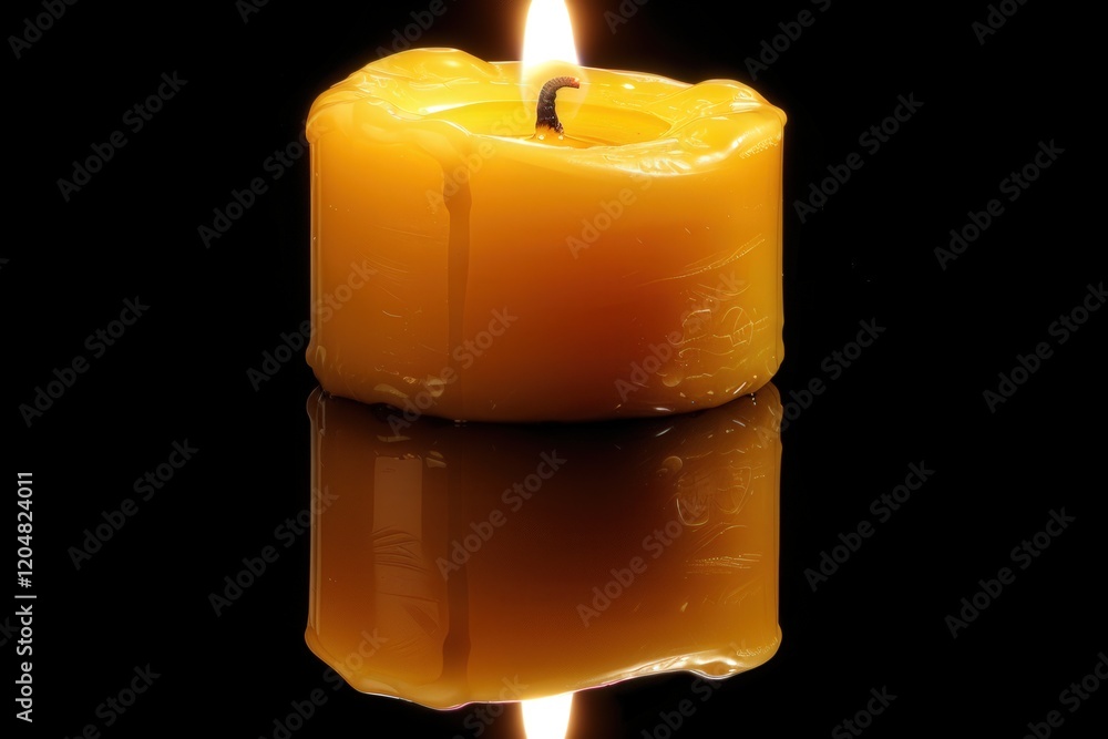 Poster a glowing yellow candle with a flickering flame sits on a reflective surface, creating a serene and 