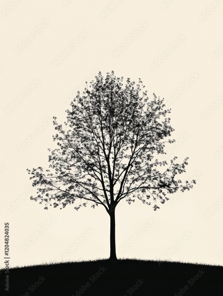 Leinwandbilder Beautiful solitary tree silhouette against a light background at dusk with soft shadows creating a tranquil atmosphere. Generative AI