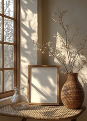 Minimalist Interior Scene with Blank Picture Frame on Rattan Table in Scandinavian Design Style