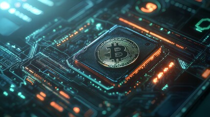 Fototapeta premium Bitcoin on a Motherboard