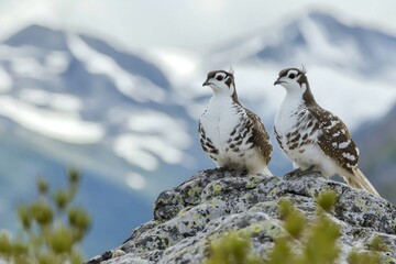 pair of white-tailed ptarmigan amidst their natural habitat, with stunning snow-capped mountains in the backdrop, illustrating biodiversity in a national park