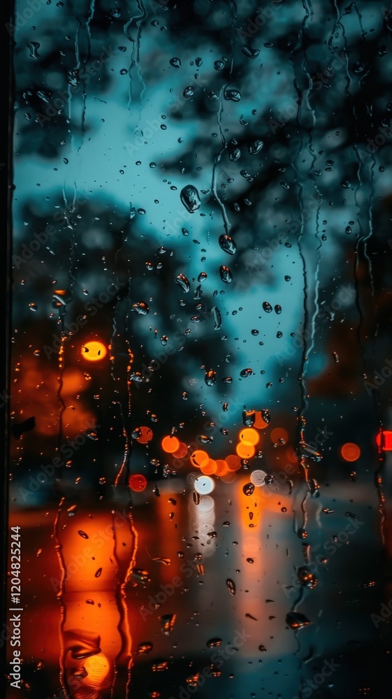 Poster a rainy window reflects colorful lights from the street, creating a moody atmosphere with raindrops 
