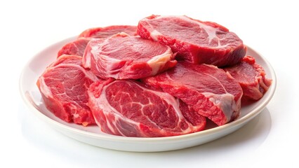 An overhead shot showcases a butcher's raw meat plate: beef, pork, lamb, and chicken, isolated on white.