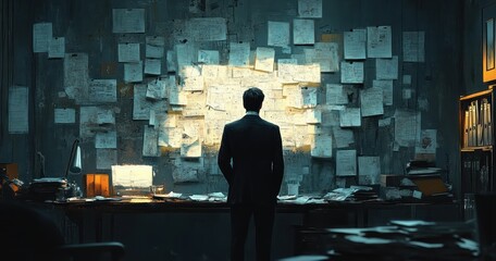 Noir Office Scene Detective Examines Chaos with Forensics Team Investigating Evidence and Clues of Robbery