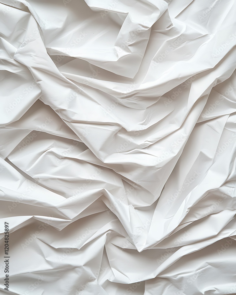 Poster a close-up view of crumpled white paper, showcasing textured folds and shadows that create a visuall