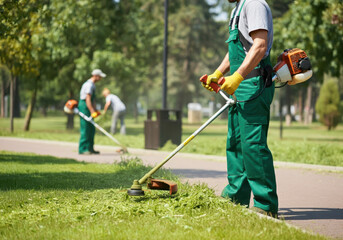 A landscaper trimming the edge of a grassy lawn using a gas-powered string trimmer