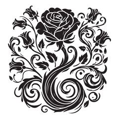 The Enchanted Rose Silhouette Vector Illustration, Solid White Background.