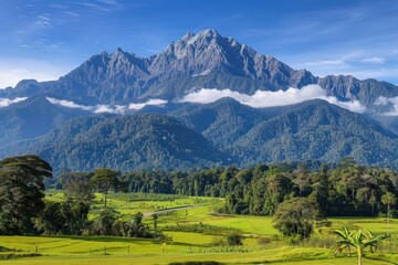 Obraz premium A stunning view of a majestic mountain range surrounded by lush greenery and a clear blue sky.