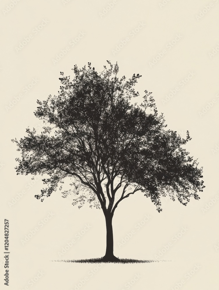 Poster silhouette of a large tree against a neutral backdrop highlighting its intricate branches and leaf s