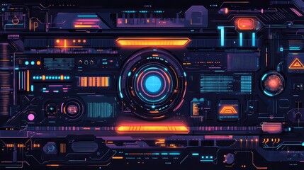 Futuristic network hub flat design top view cyberpunk theme cartoon drawing Triadic Color Scheme