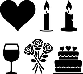 Romantic Valentine's Day Icons Set in Silhouette Style