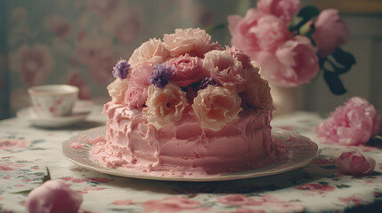 A delicate pink cake adorned with an abundance of fresh roses and other blossoms sits on a floral tablecloth.