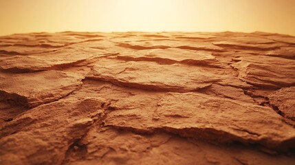 A close-up view of cracked earth, showcasing dry, textured soil under a warm, golden light,...