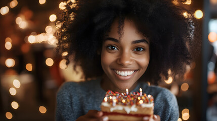 Naklejka premium A young Black woman with an afro smiles brightly, holding a piece of birthday cake with lit candles. Warm bokeh lights create a festive background.