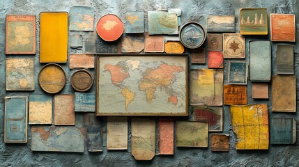 Vintage World Map with Old Travel Memorabilia