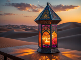 Traditional lantern with intricate patterns, illuminated by a candle, set against a serene desert sunset and crescent moon backdrop.