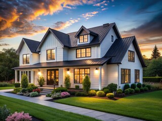 Crisp white siding, a dark roof, and softly blurred landscaping create a stunning modern farmhouse exterior.