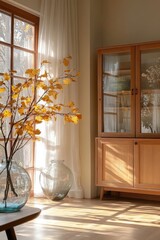 Minimalist Scandinavian Interior with Wooden Cabinet and Soft Morning Light