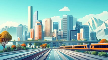 Obraz premium High-speed technology infrastructure flat design front view urban theme 3D render Split-complementary color scheme