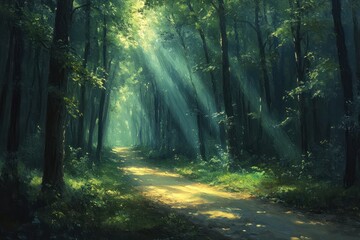 Obraz premium Mystical Forest Path with Sunbeams and Dreamlike Light Rays