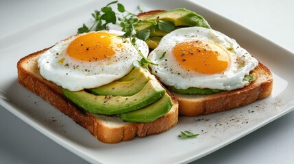 Plate of food featuring cooked eggs and sliced avocados on a wooden surface with fresh herbs