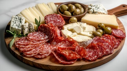 Obraz premium Wooden plate filled with various types of cheese and meat arranged for a charcuterie presentation