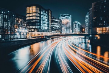 Obraz premium Night City Lights Trails: Urban Metropolis River Reflection