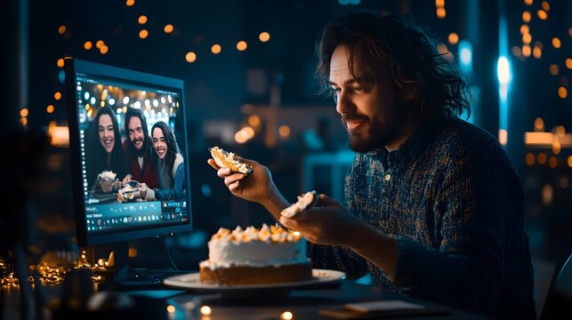 A man enjoys a dessert while video chatting with friends on his computer. The warm lighting and cozy atmosphere create a welcoming scene. He's likely editing the video call.