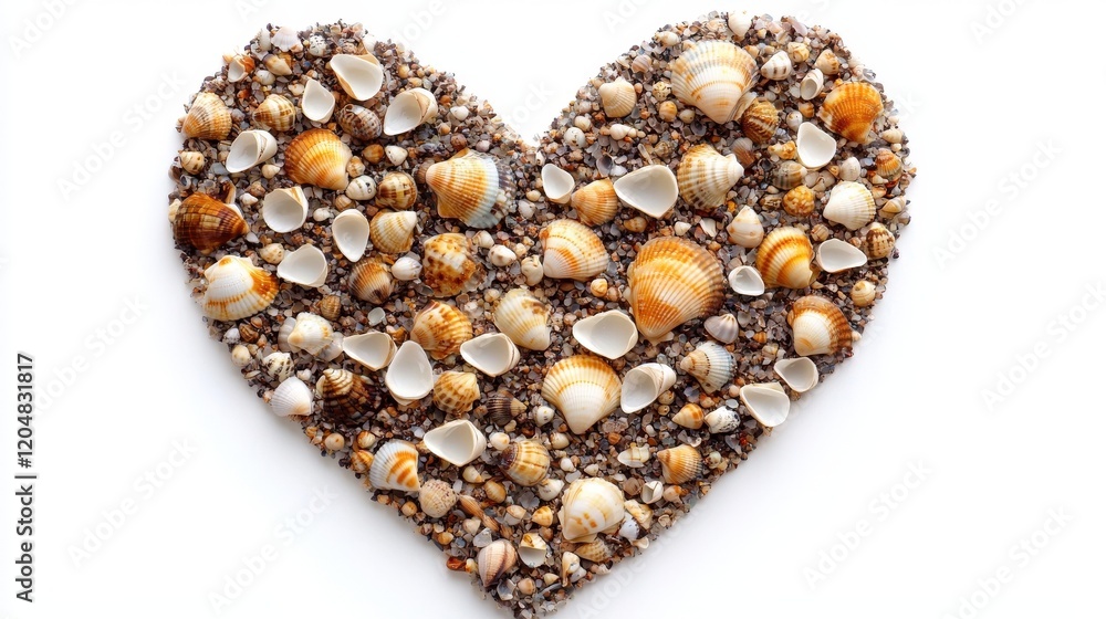Poster heart shape created with shells and pebbles on a white background