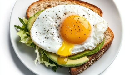 Plate of food with a fried egg served alongside vegetables and grains on a wooden table