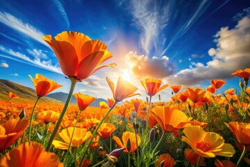Obraz premium Dreamlike California poppy field, vibrant blue sky, fantasy flowers bloom in artistic, surreal photography.