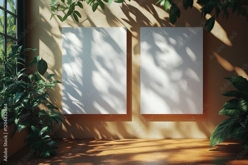 Poster minimalist composition two blank white canvases with soft shadows on textured brown surface